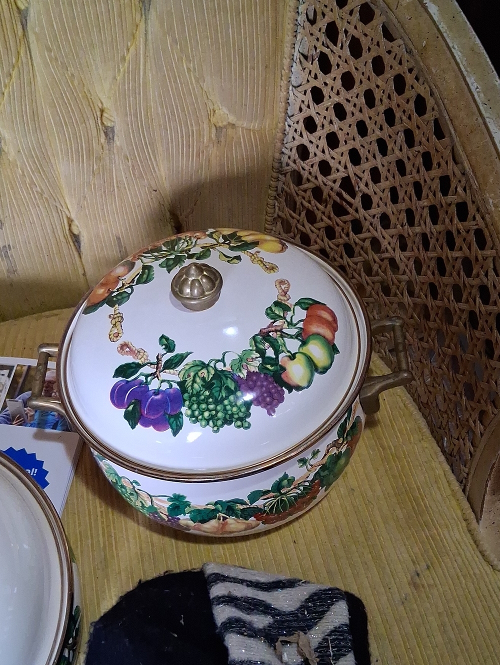 White Ceramic Covered Casserole with Colorful Fruit Motif